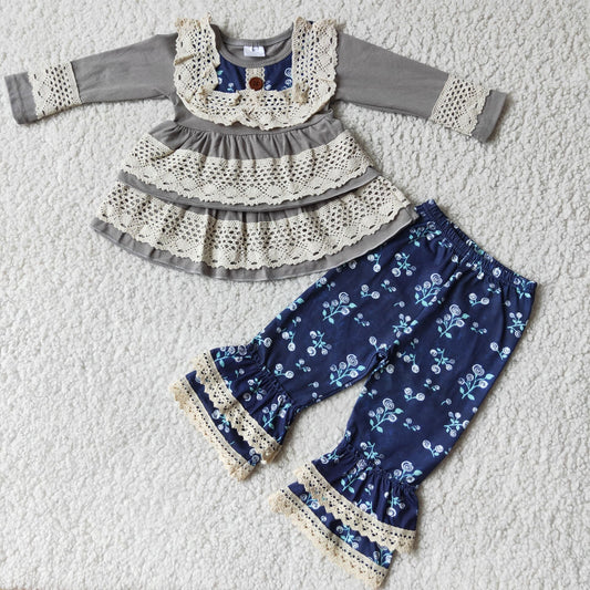 Lace Floral Ruffle Pants Set