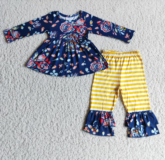 Navy Floral Yellow Striped Pants