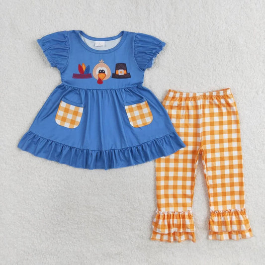 Girls Orange Gingham Thanksgiving Pants Set