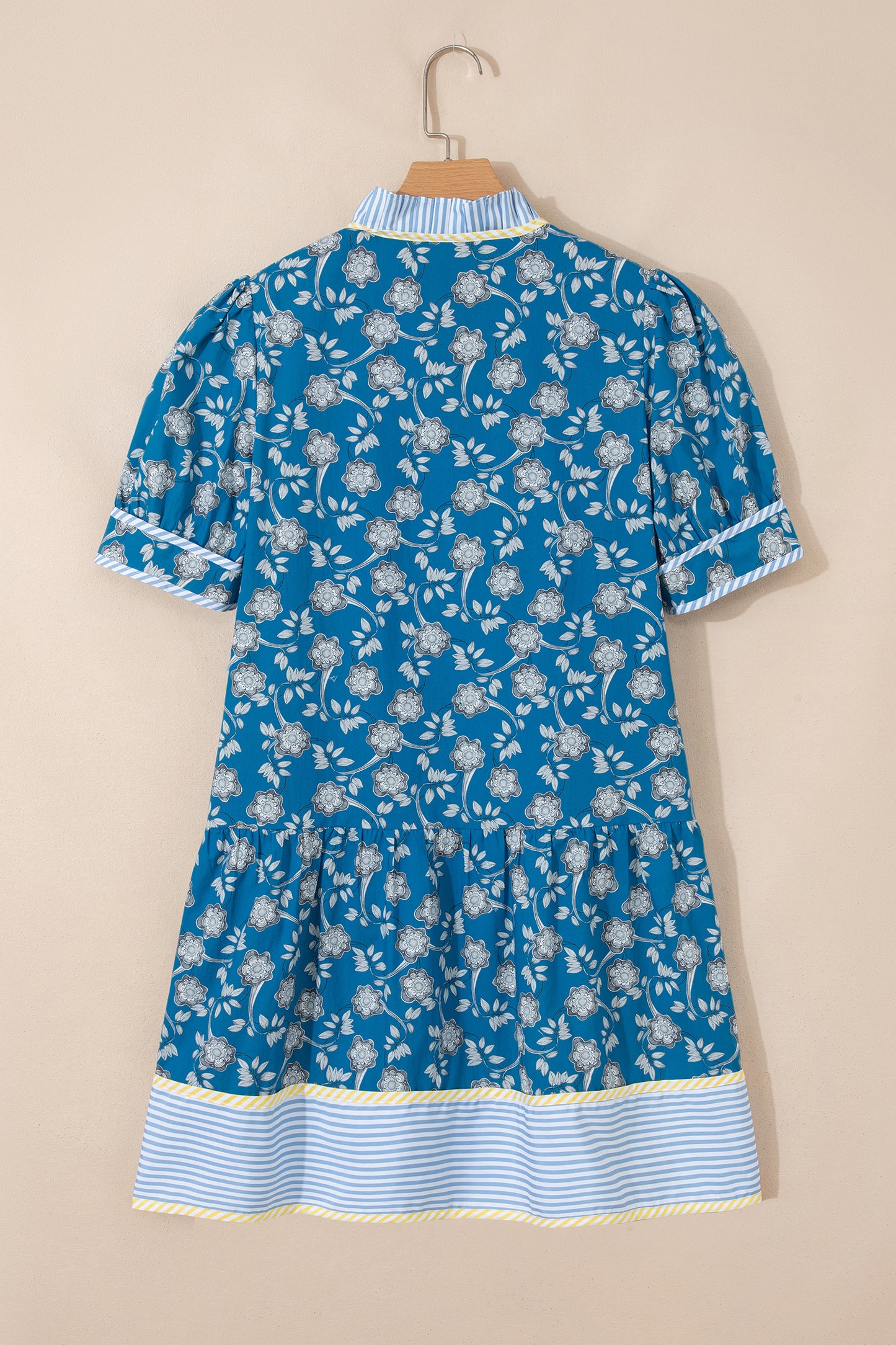 Blue Striped Trim Half Buttons Short Sleeve Floral Dress