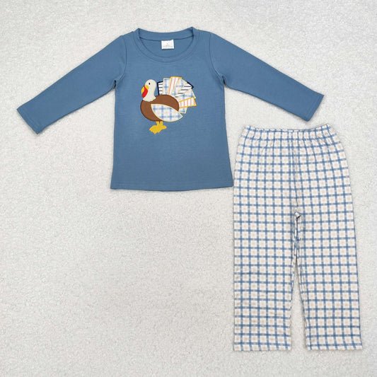 Blue Gingham Turkey Applique Pants Set