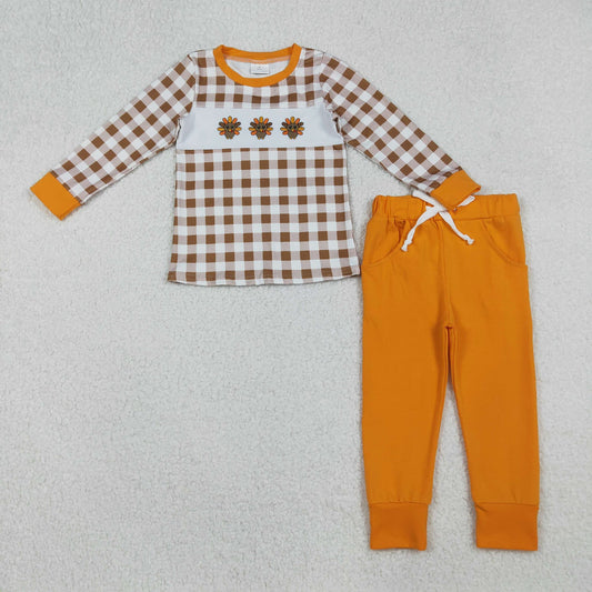 Orange & Brown Gingham Embroidered Turkey Jogger Set