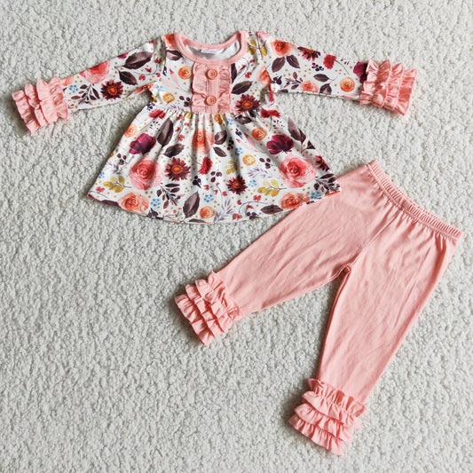 Peach Floral Ruffle Pants Set