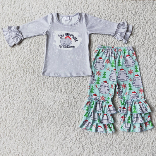 Hippo Christmas Ruffle Pants Set