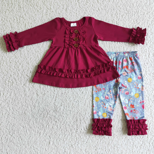Maroon Floral Ruffle Pants Set