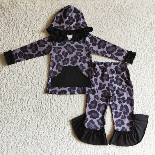 Leopard Print Ruffle Hooded Jogger Set