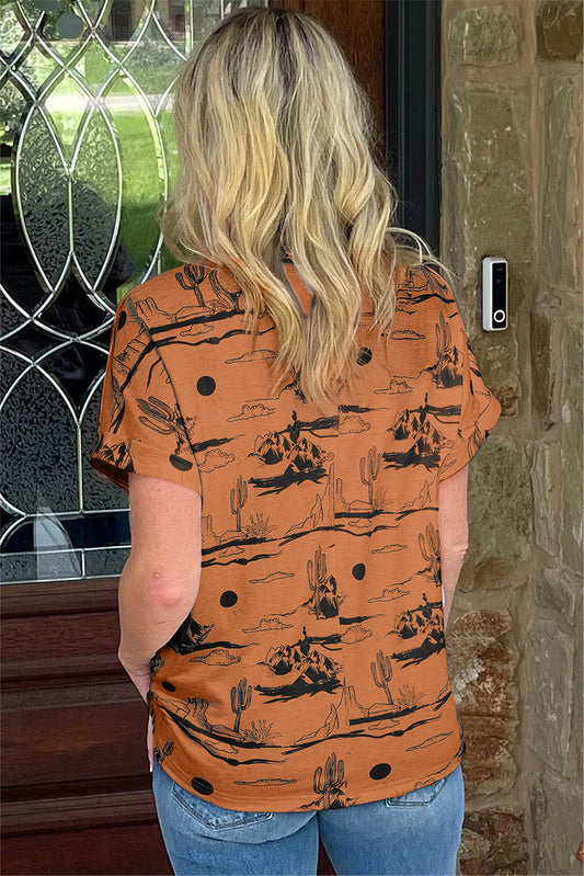 Chestnut Desert Sand Print Short Sleeve Knit Top