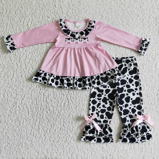 Pink Bow Cow Print Ruffle Pants Set