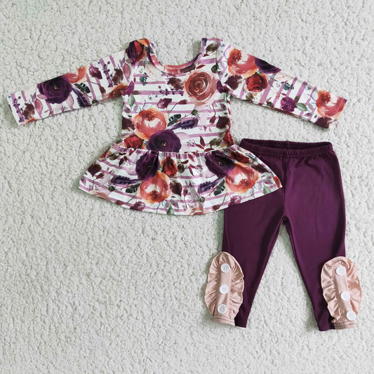 Purple Floral Ruffle Pants Set
