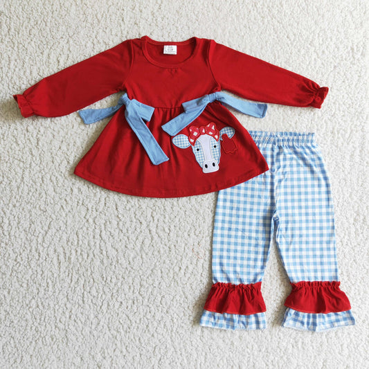 Red and Blue Gingham Cow Pants Set