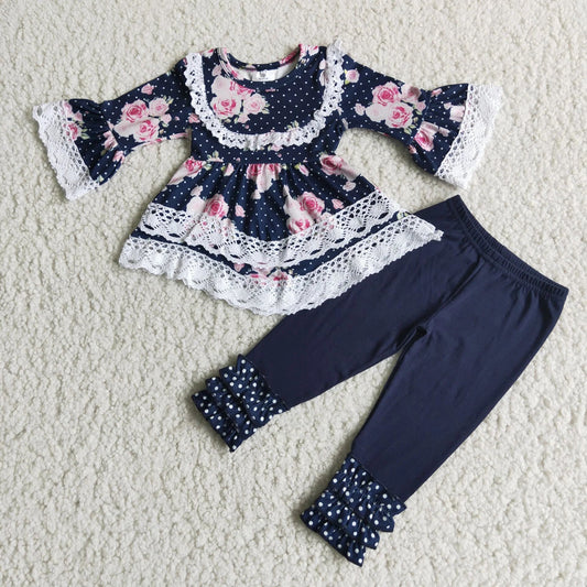 Navy Floral Lace Ruffle Pants Set