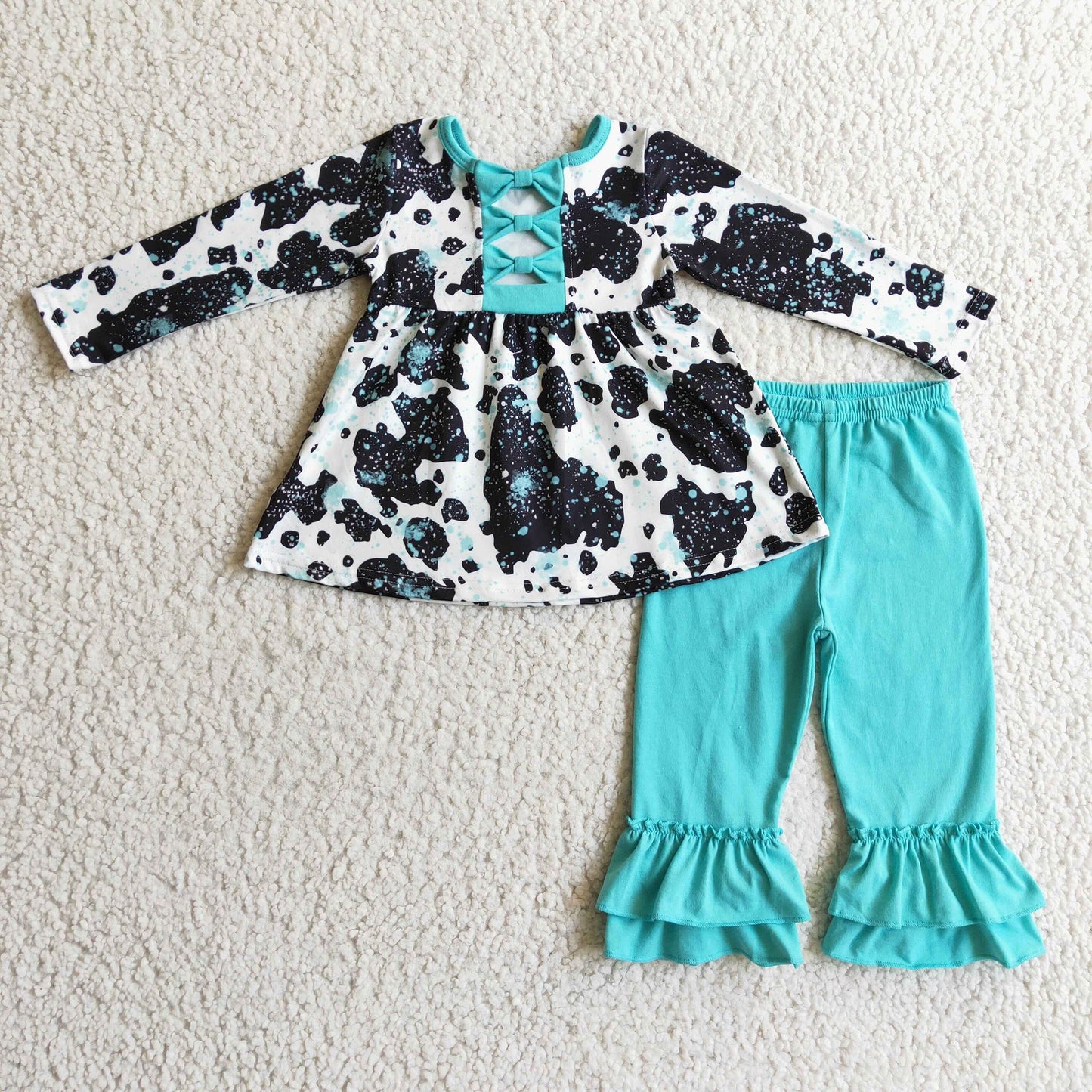 Cow Print & Teal Ruffle Pants Set