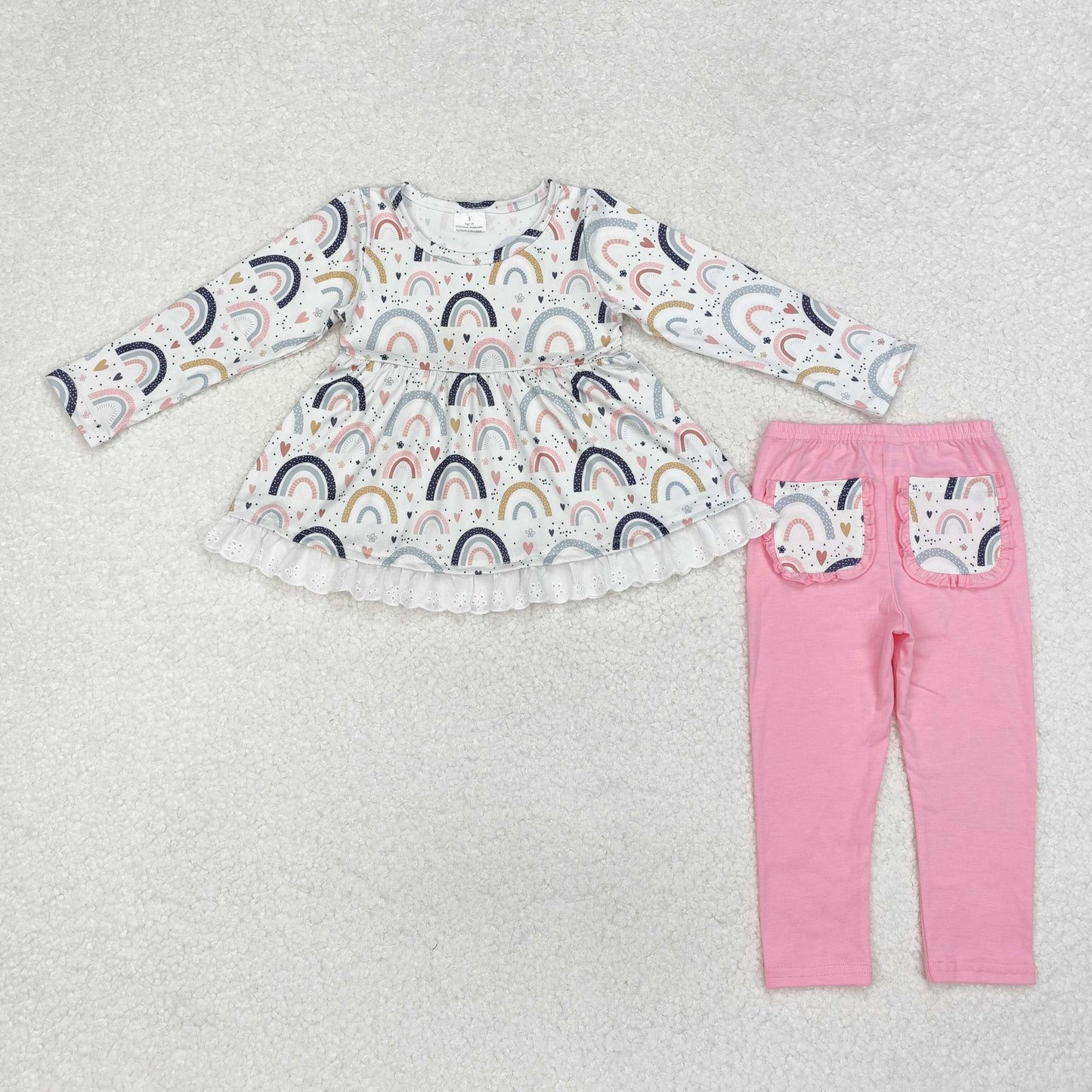 Pink Rainbow Printed Pocket Ruffle Pants Set