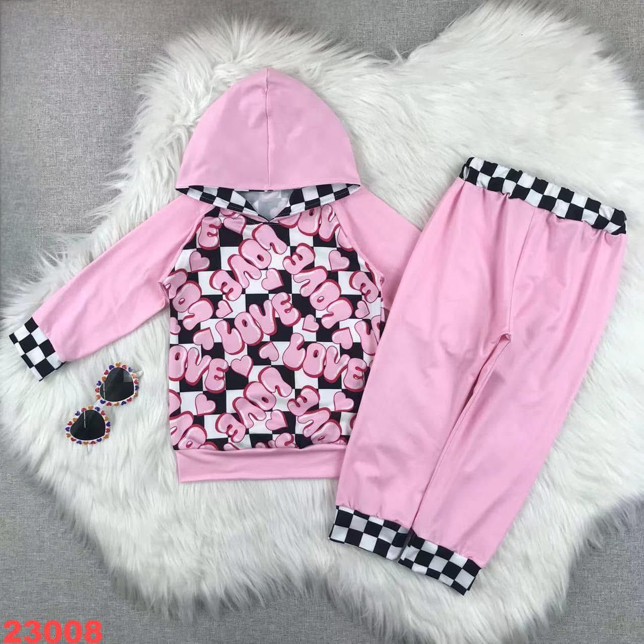 Checkerboard Puff Letter Love Hooded Jogger Set