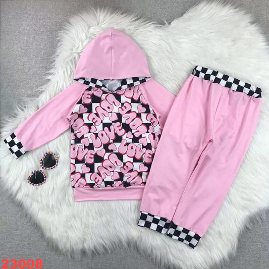 Checkerboard Puff Letter Love Hooded Jogger Set