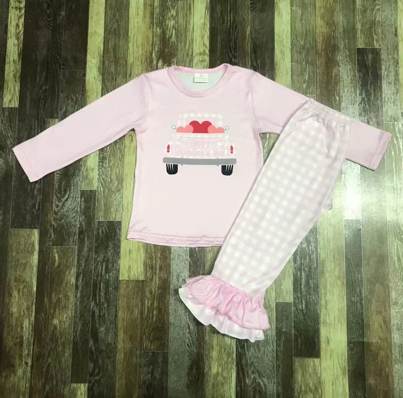Pink Gingham Valentine's Day Truck Ruffle Pants Set
