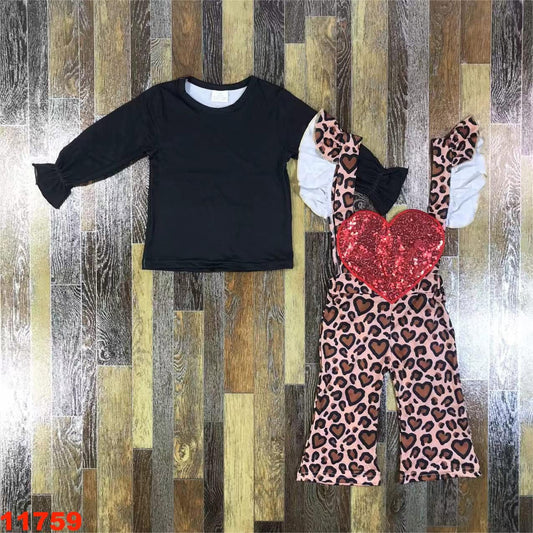 Cheetah Print Sequin Heart Overall Set