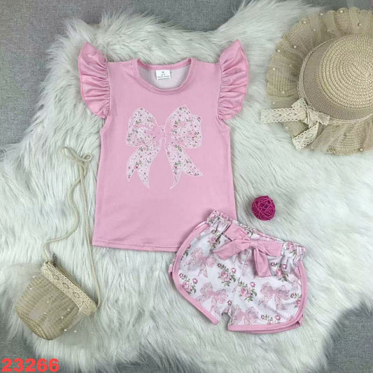 Pink Coquette Flutter Sleeve Shorts Set