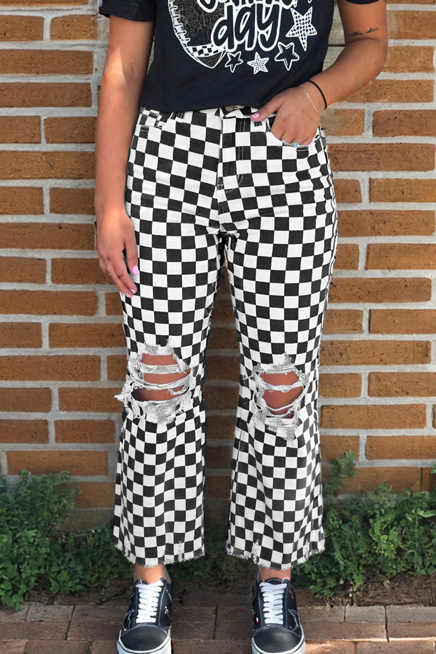 Black Checkerboard Print Distressed Holes Raw Edge Cropped Jeans
