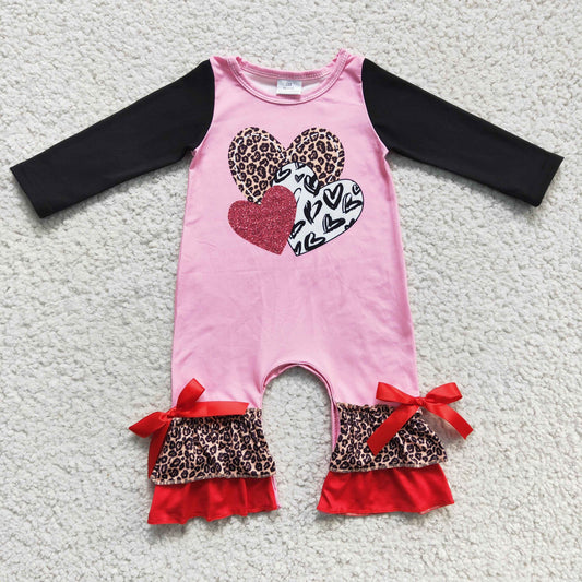 Cheetah Print Hearts Ruffle Bow Romper
