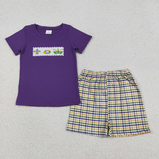 Mardi Gras Embroidered Plaid Shorts Set