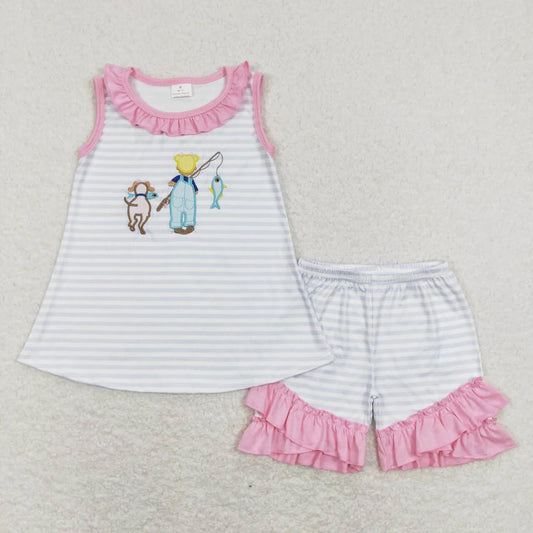 Girls Striped Gone Fishing Ruffle Shorts Set