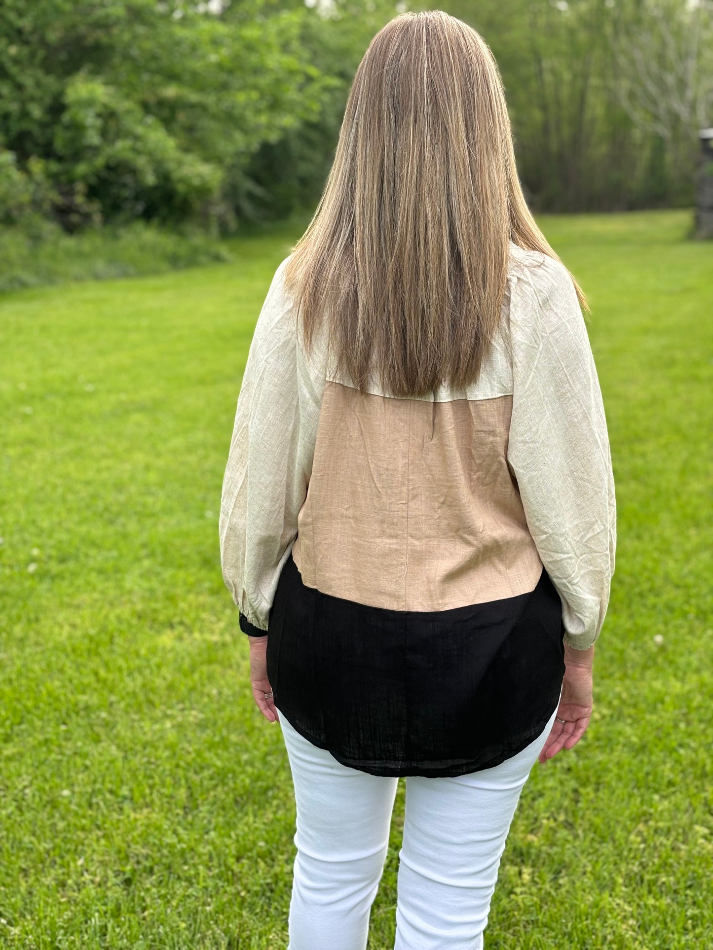 Black & Tan Block Tie Top