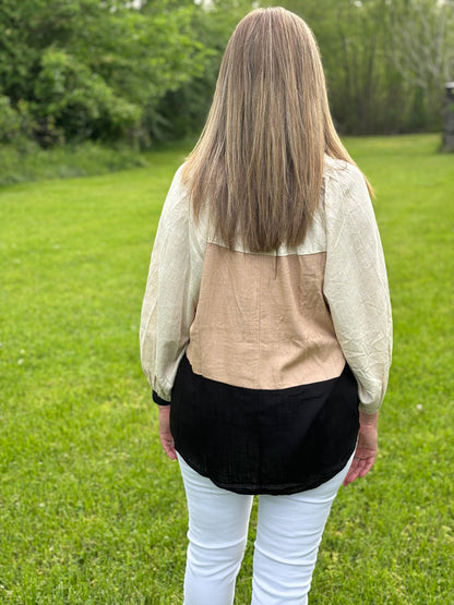 Black & Tan Block Tie Top