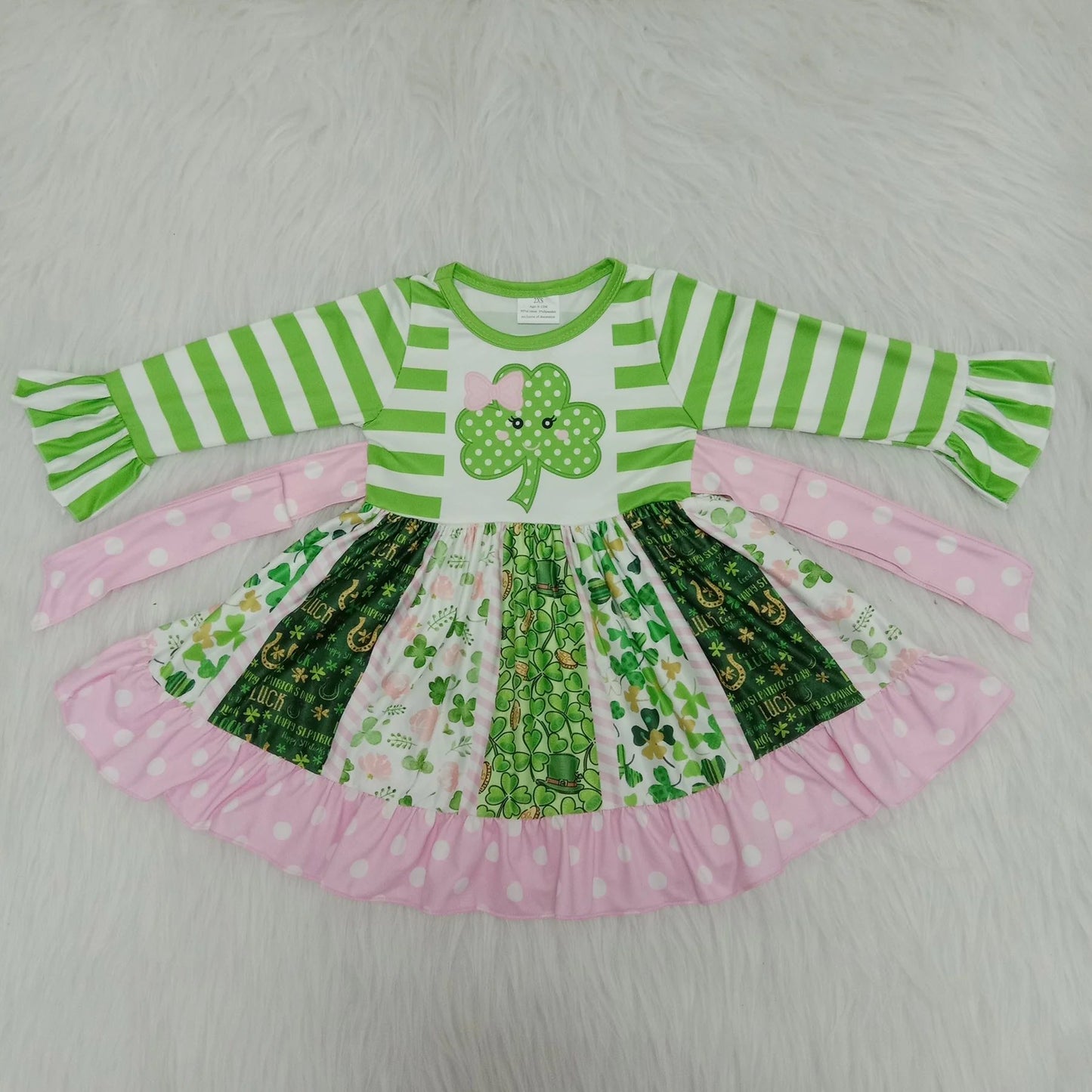 Pink and Green Clover Striped Patchwork Dress