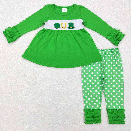 Embroidered St. Patrick's Day Polka Dot Ruffle Pants Set