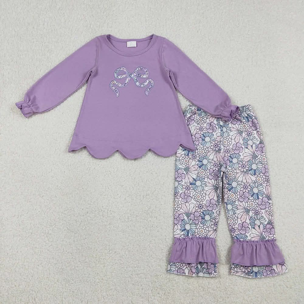 Purple Floral Embroidered Bow Pants Set