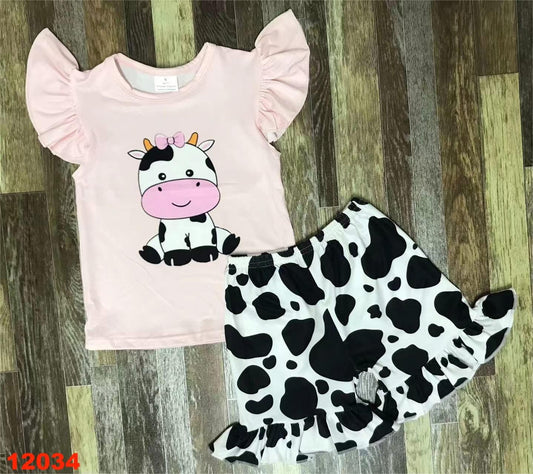 Cow Flutter Sleeve Ruffle Shorts Set