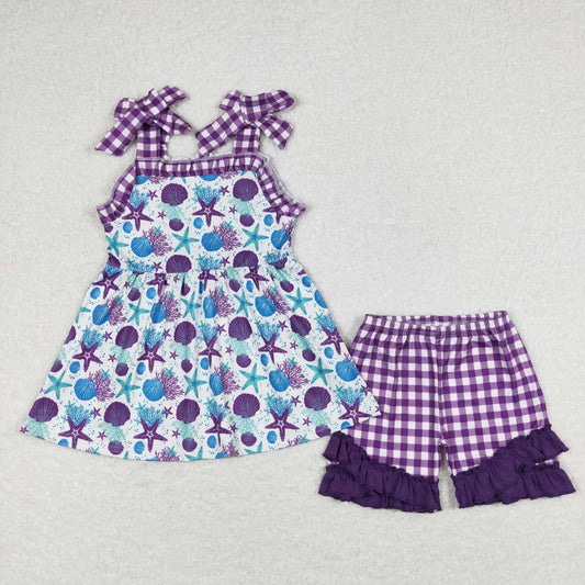 Purple Gingham Seashells Shorts Set