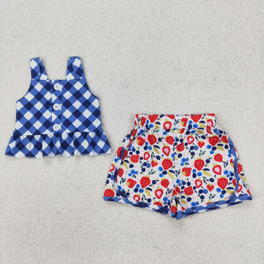Blue Gingham Strawberry Shorts Set