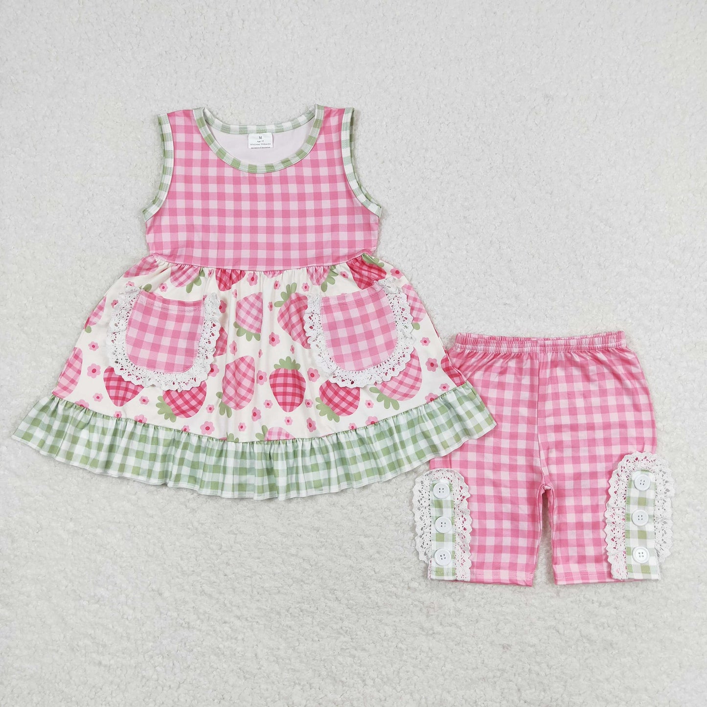 Gingham Strawberry Lace Ruffle Shorts Set