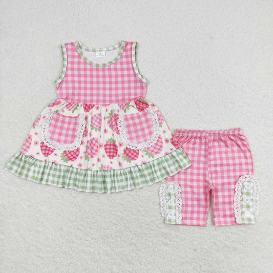 Gingham Strawberry Lace Ruffle Shorts Set