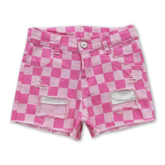 Pink Denim Checkered Shorts