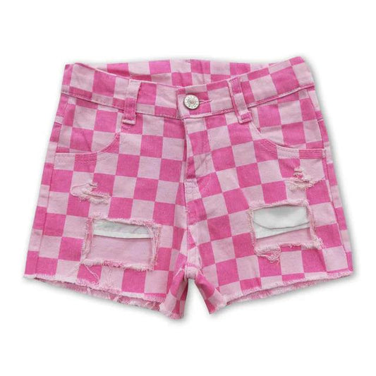 Pink Denim Checkered Shorts