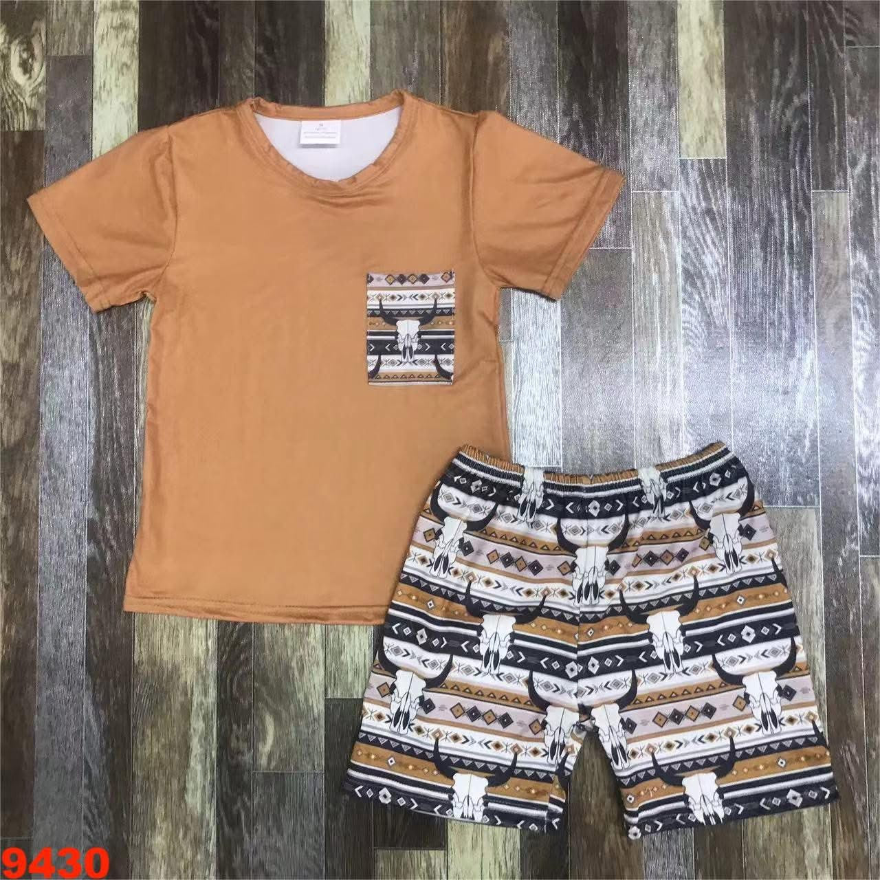 Western Print Pocket Tee Shorts Set