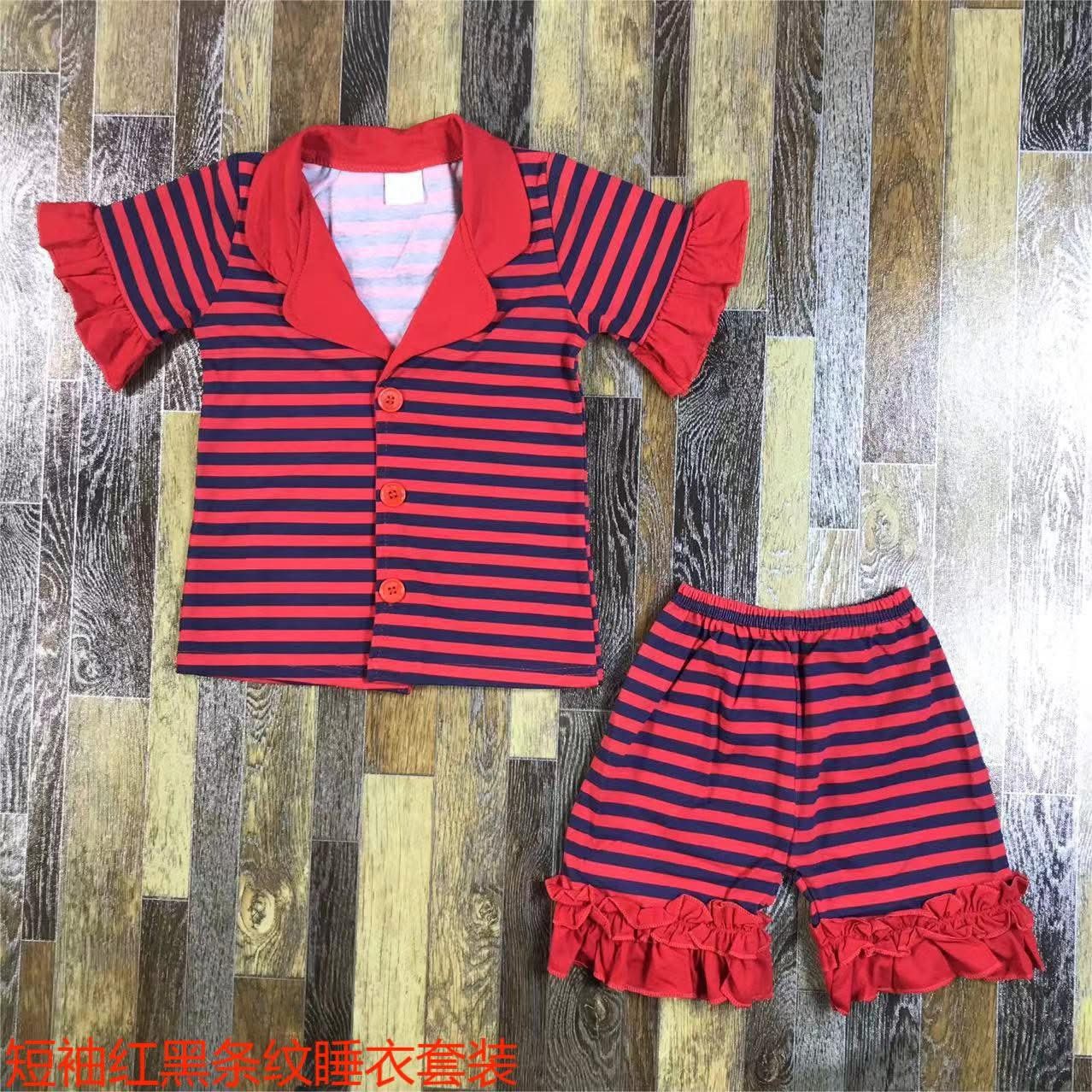 Red and Navy Striped Ruffle Shorts Set