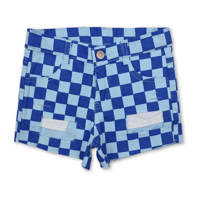 Blue Denim Checkered Shorts