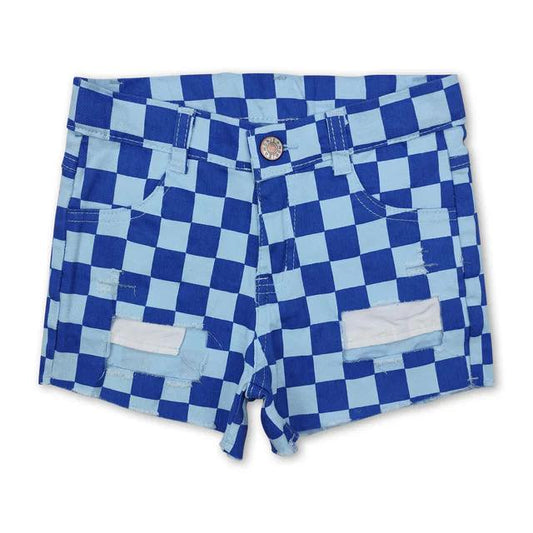 Blue Denim Checkered Shorts