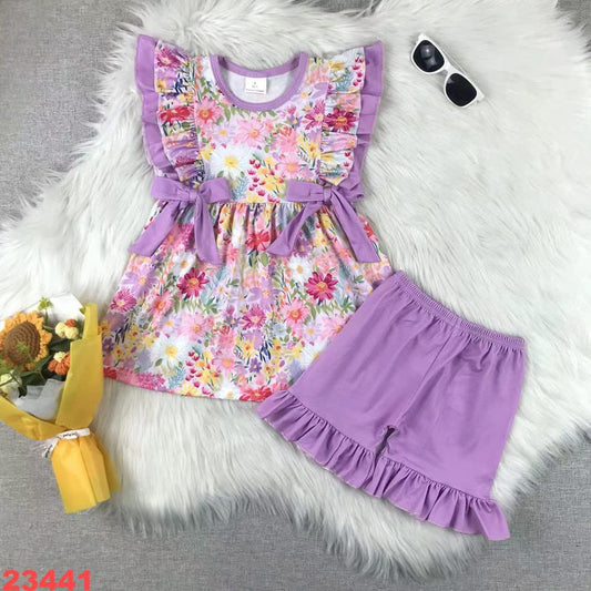 Purple Floral Shorts Set