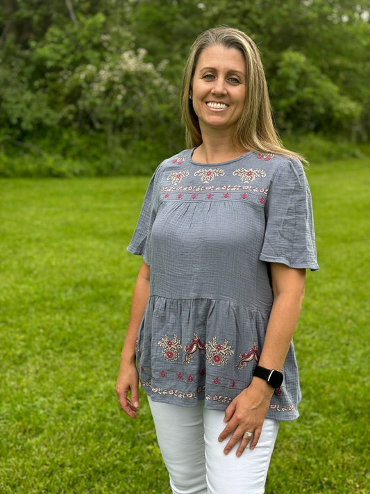 Navy Embroidered Top