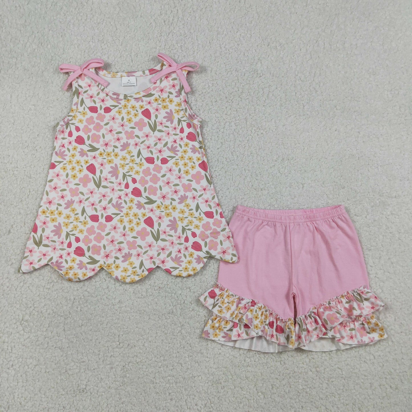 Floral Light Pink Scalloped Shorts Set