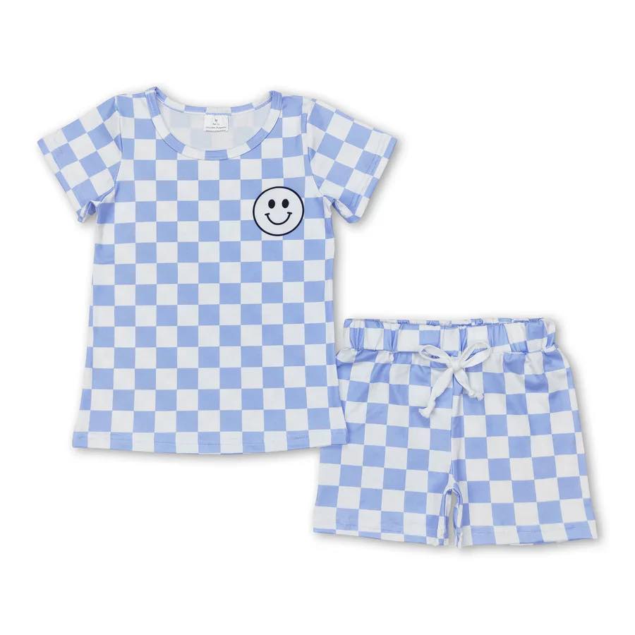 Checkered Blue Smiley Shorts Set
