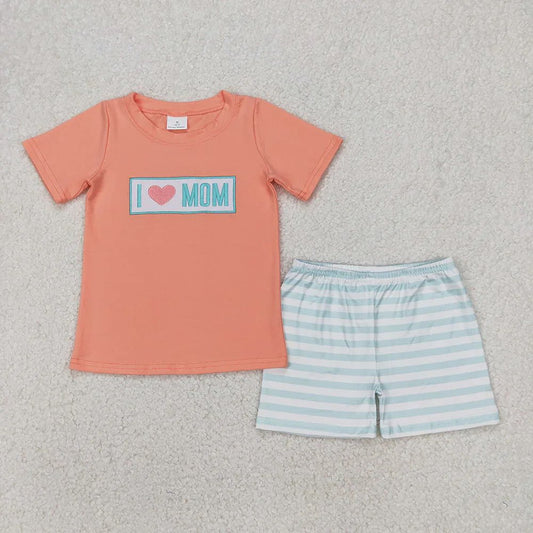 Orange and Blue Striped I Love Mom Shorts Set
