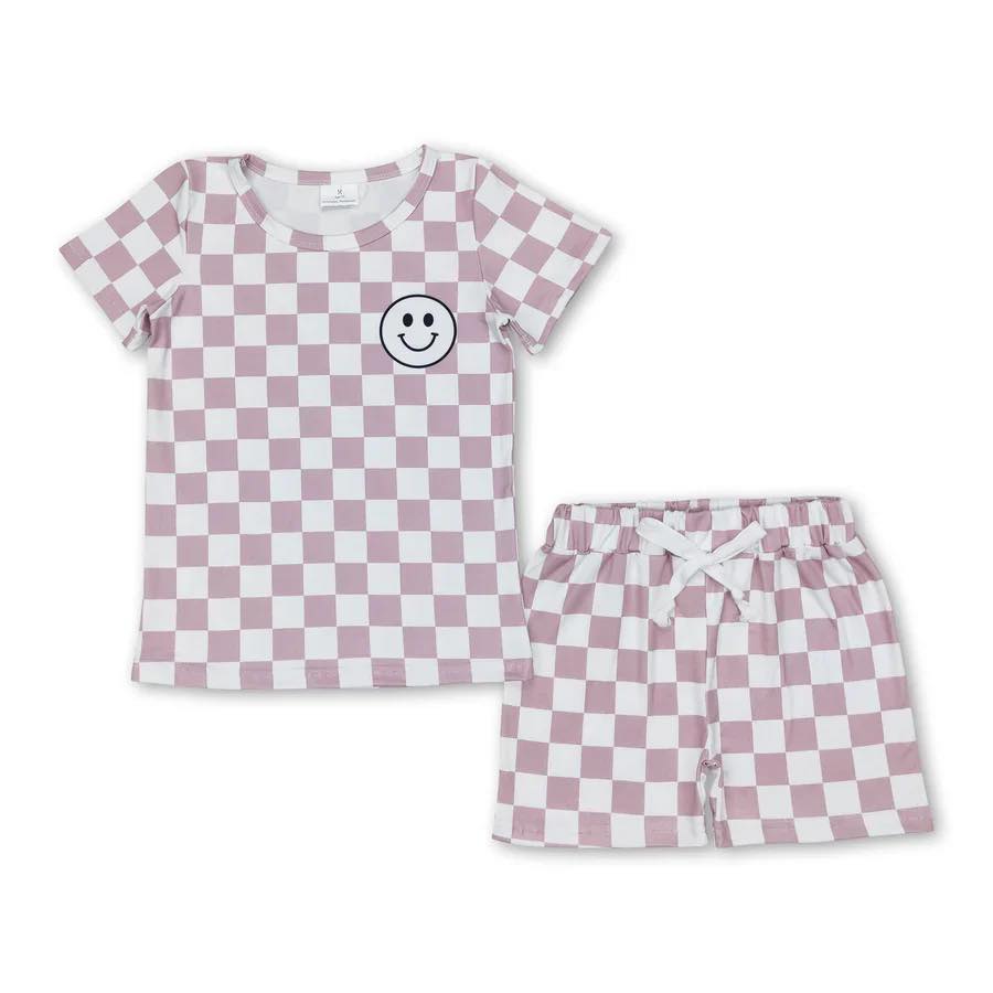 Checkered Mauve Smiley Shorts Set