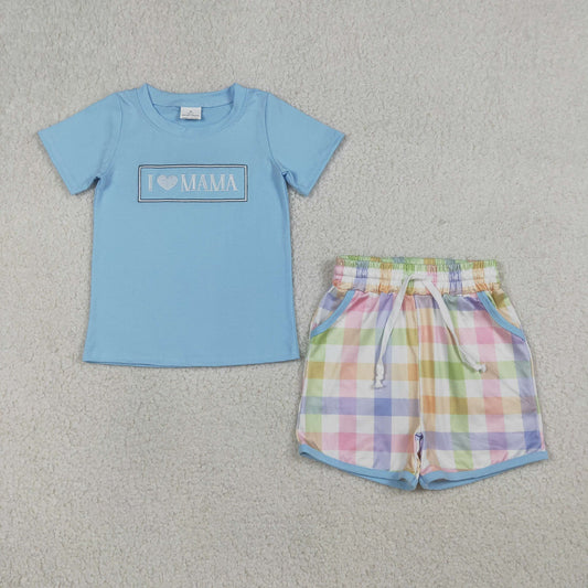 Pastel Plaid I Love Mama Shorts Set