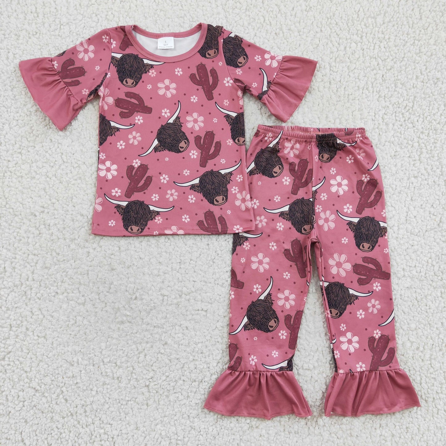Highland Cow Pink Ruffle Pajama Set